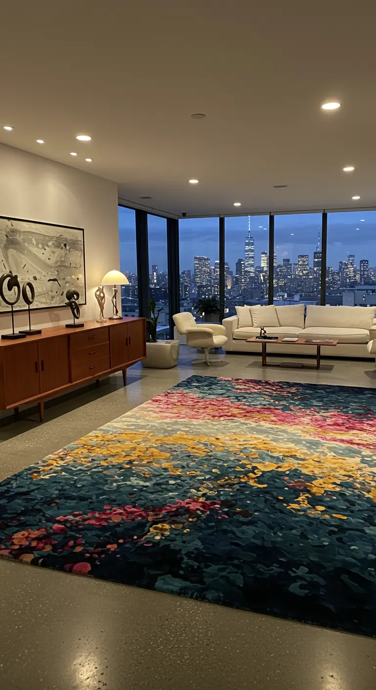 A modern apartment with a city view, featuring a colorful abstract rug and teak credenza.