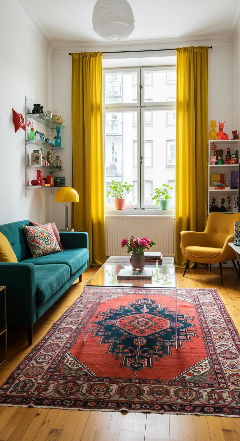 Colorful living room with a large patterned rug and a transparent acrylic coffee table.
