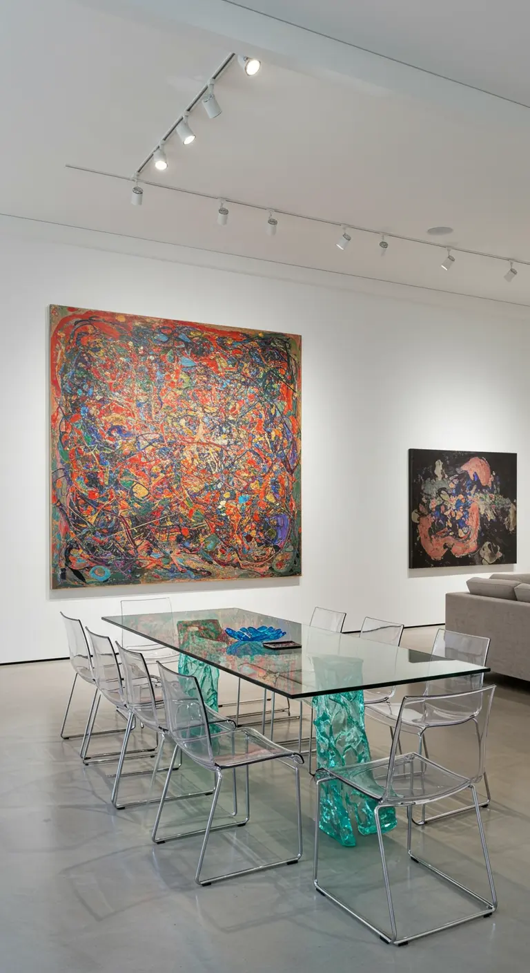 Glass dining table with a sculptural blue base and clear acrylic chairs.