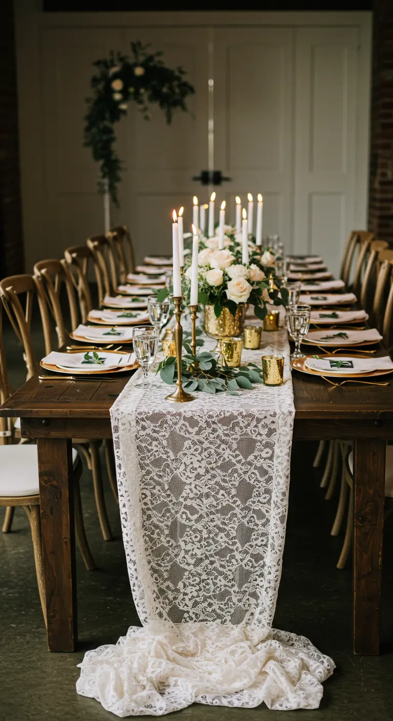 A long rustic dining table with a lace runner spilling onto the floor and gold candleholders.