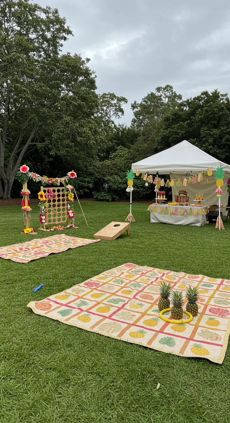 Lawn games at a luau, including a pineapple ring toss and floral connect-four.