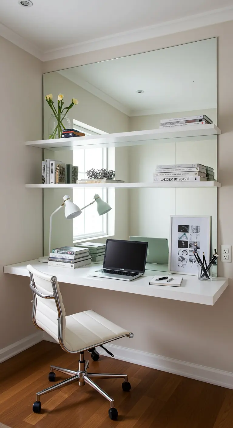 A home office nook with a large mirror behind floating white shelves and a desk.