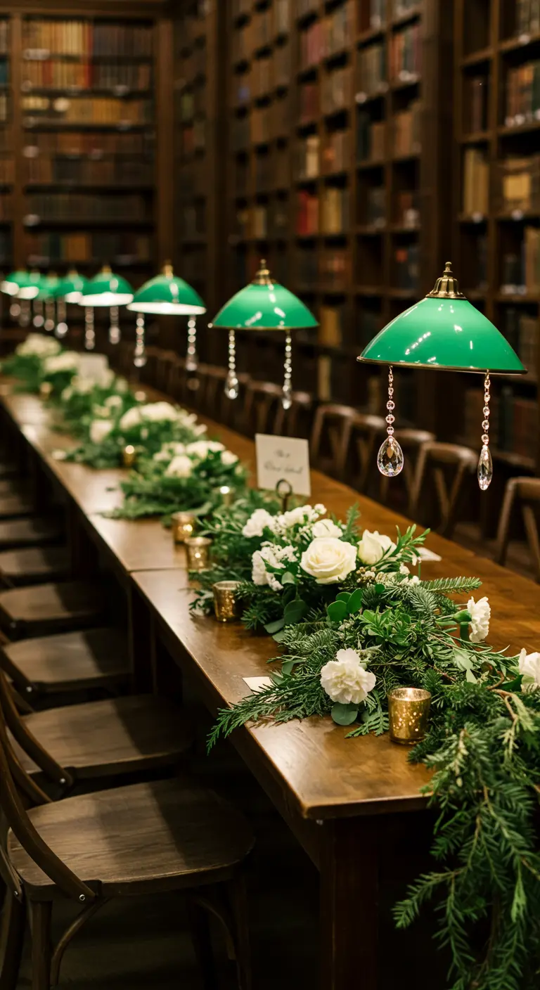 Long wooden library table decorated with a green garland and green banker's lamps with crystals.