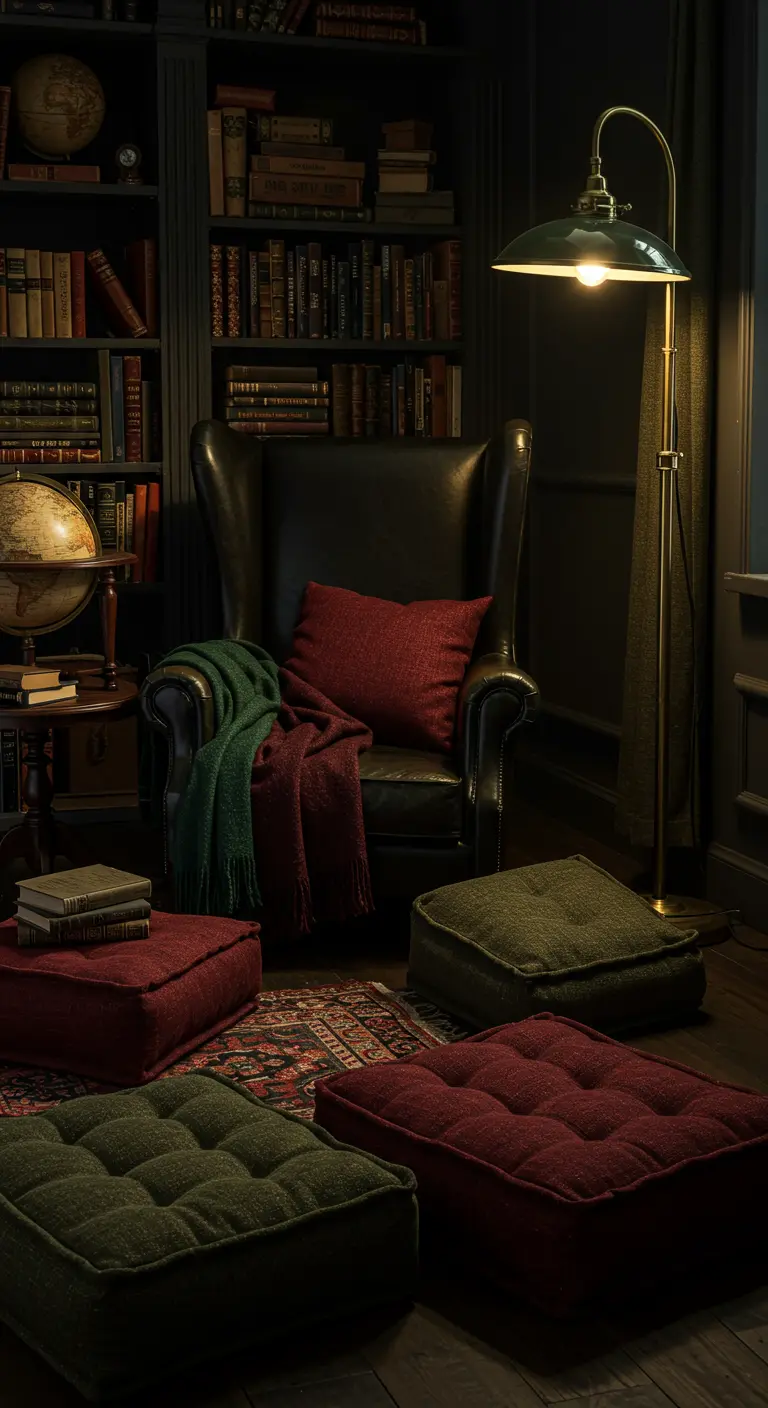 Dark, traditional library with a leather armchair, a green and red throw, and square floor cushions in deep red and green.