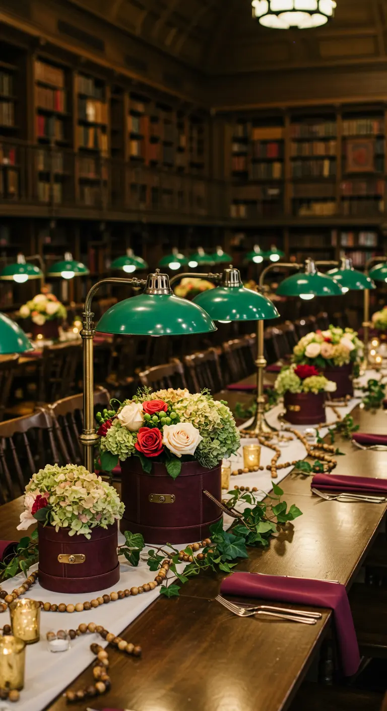 Dark wood table with burgundy hatbox florals, bead garlands, and green banker's lamps.
