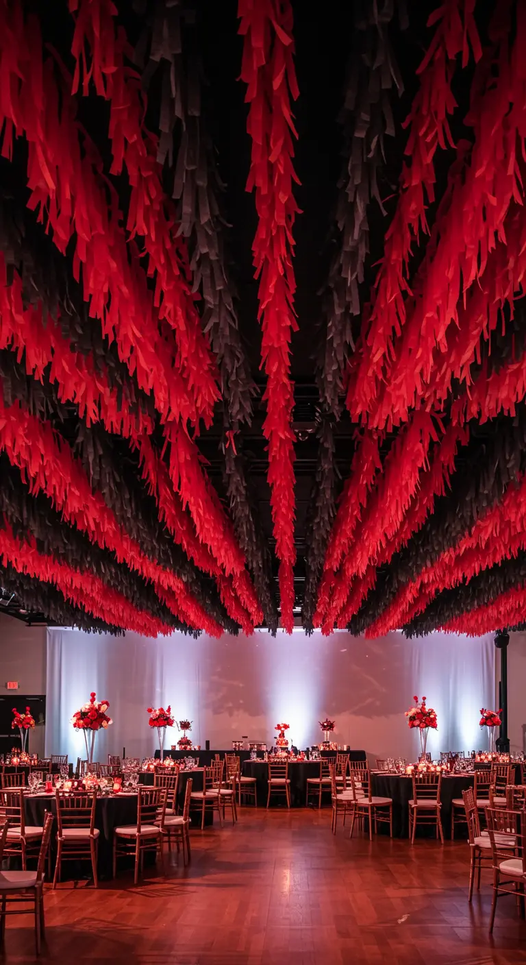 Dramatic ceiling covered in red and black streamers resembling licorice.
