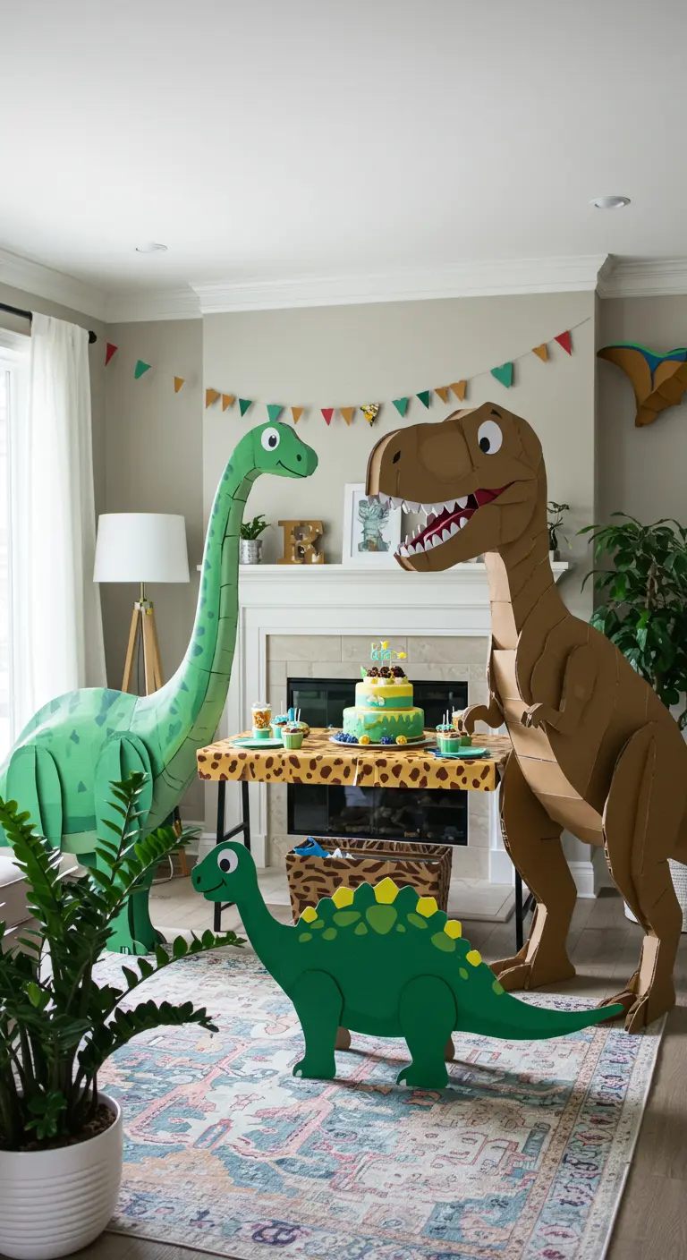 Giant, life-sized cardboard dinosaur cutouts standing in a living room near a party table.