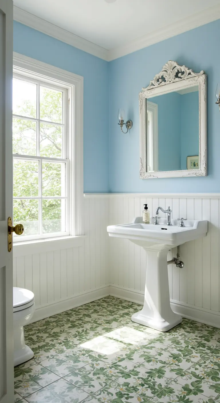 Light blue and white bathroom with green botanical floor tiles.
