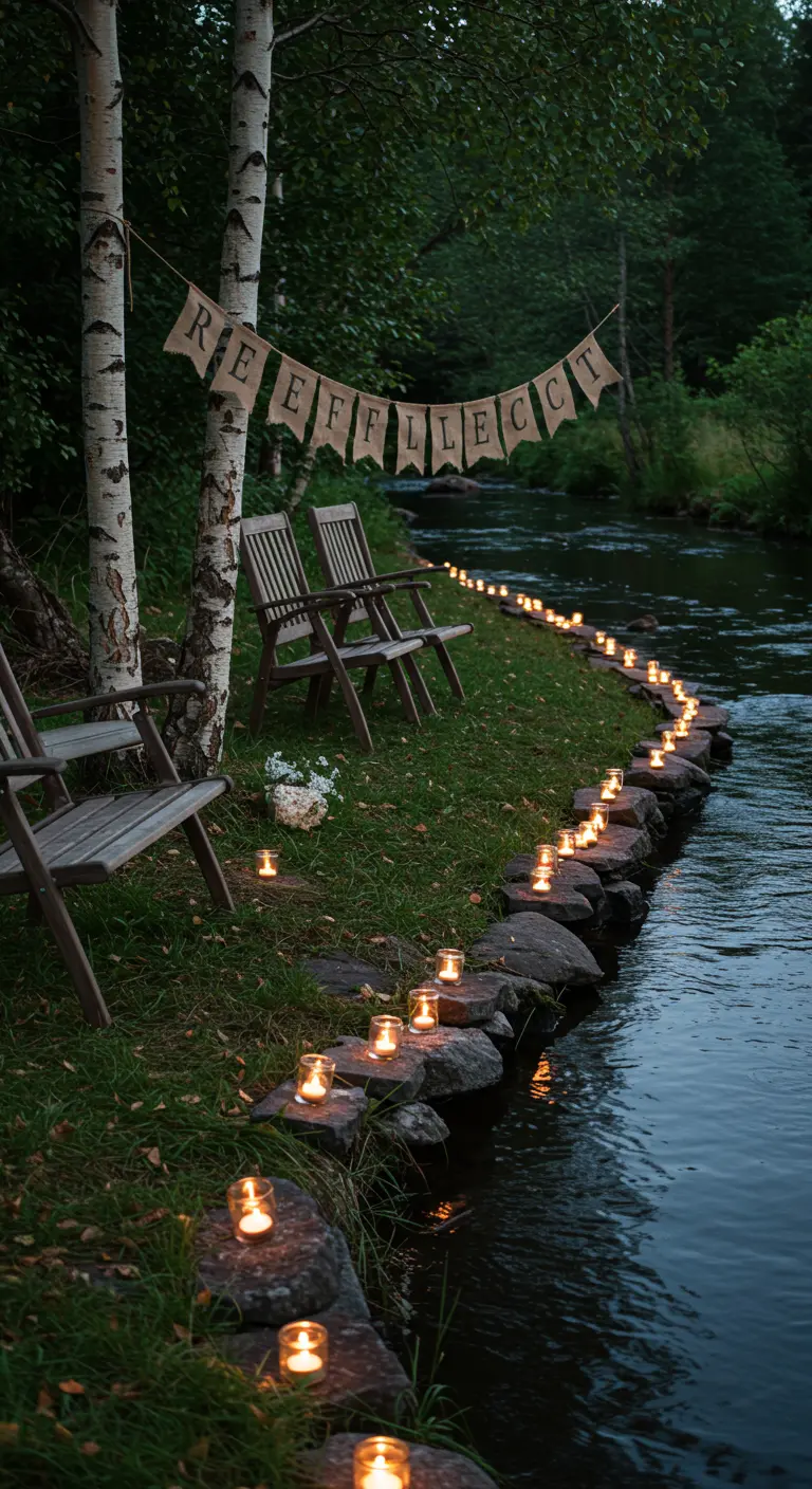 A 'REFLECT' banner strung by a river, with a path of tea lights glowing along the rocky bank.