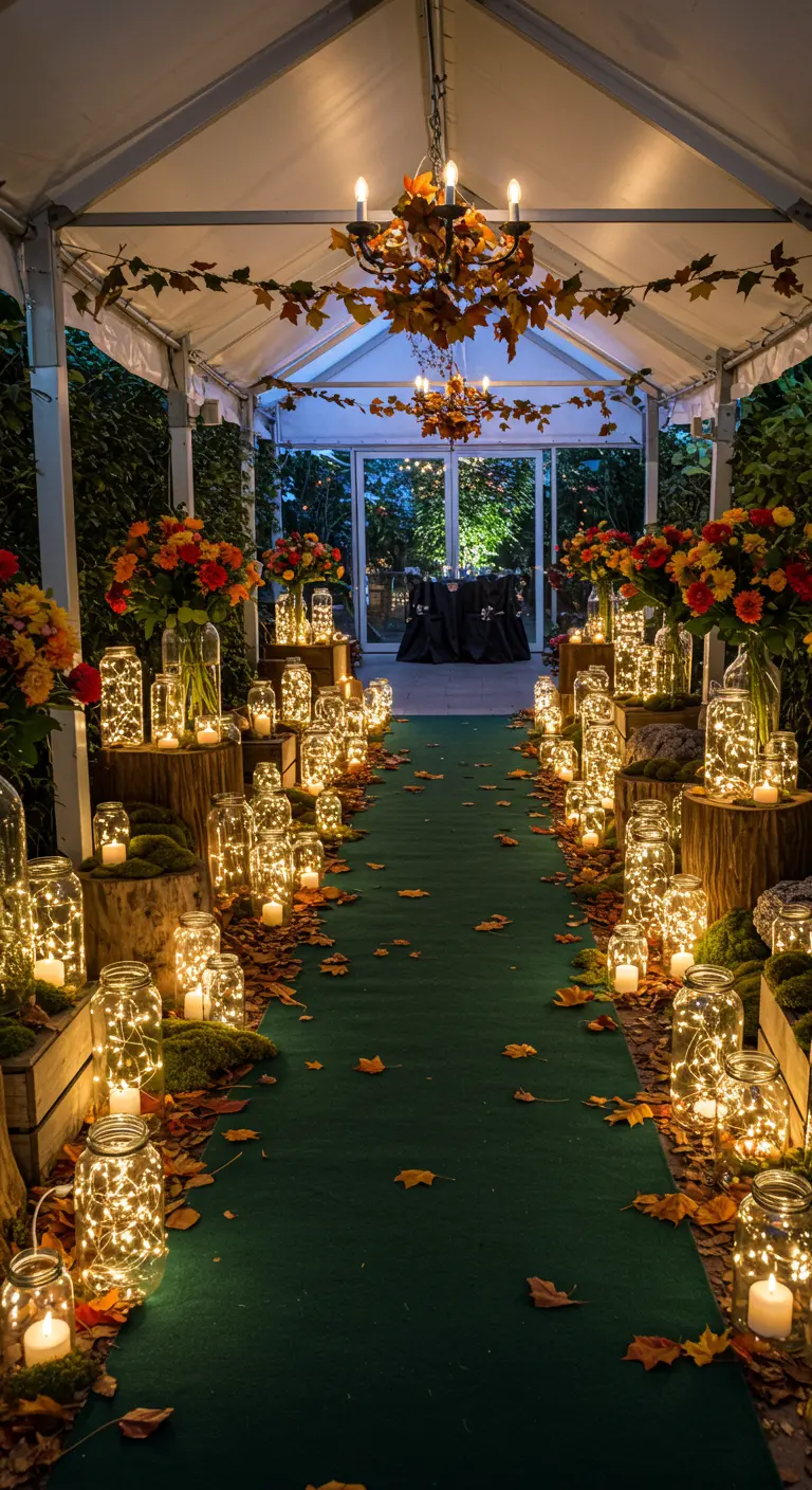 A pathway lined with mason jars filled with fairy lights, set on wood stumps amid autumn leaves.