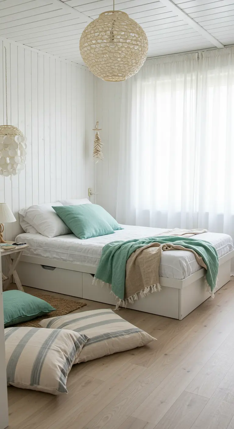 Bright bedroom with a white bed, soft green and beige throws, and striped floor cushions on a light wood floor.