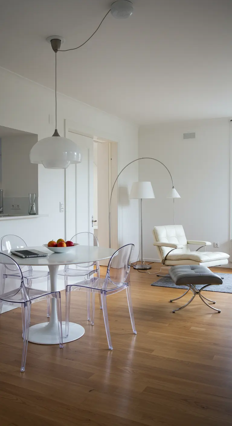 A minimalist living/dining space with a white round table, clear acrylic chairs, and a white lounge chair.