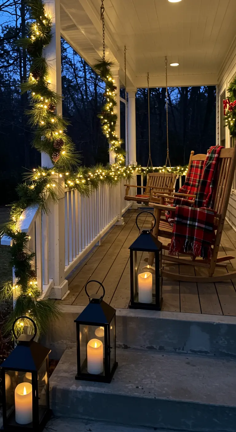 A welcoming front porch at dusk with a garland-wrapped railing and glowing lanterns on the steps.