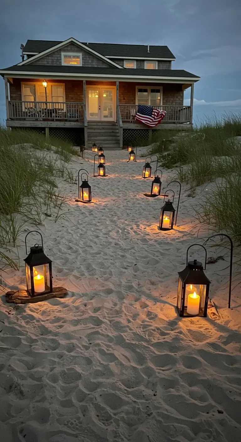 A sandy path leading to a beach house, lined with glowing lanterns on shepherd's hooks at dusk.