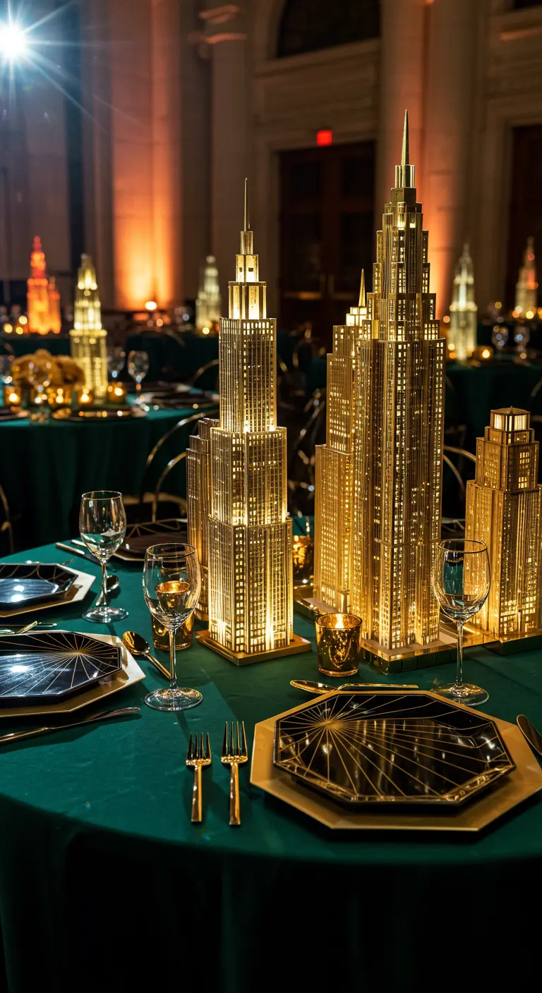 Gold Art Deco skyscraper centerpieces glowing on an emerald green tablecloth.