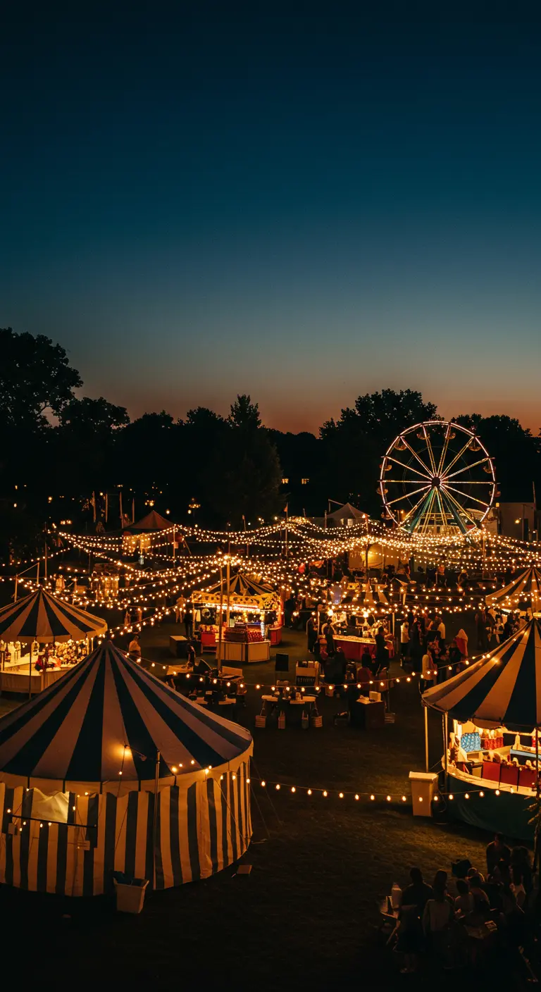 Sprawling night carnival with tents, string lights, and a Ferris wheel.