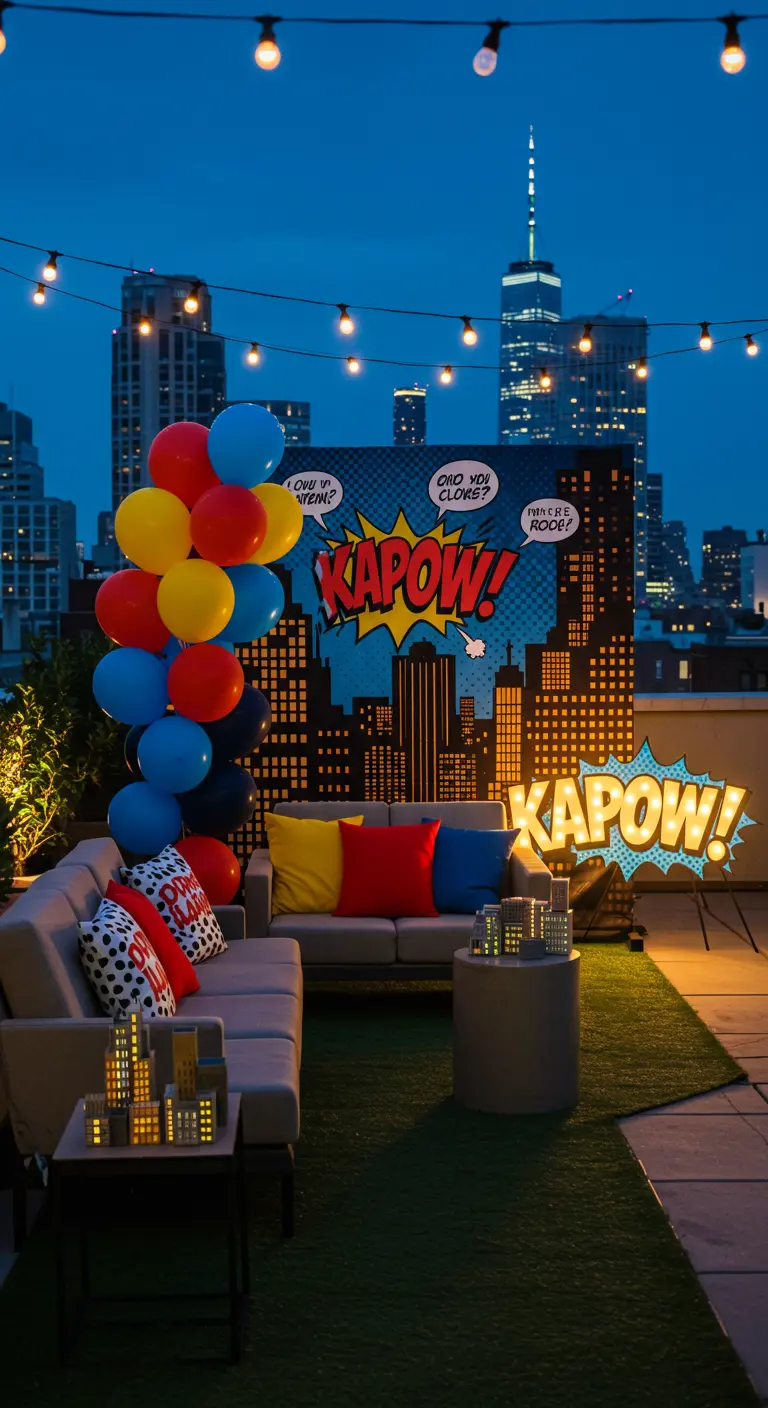 Rooftop superhero party with a light-up 
