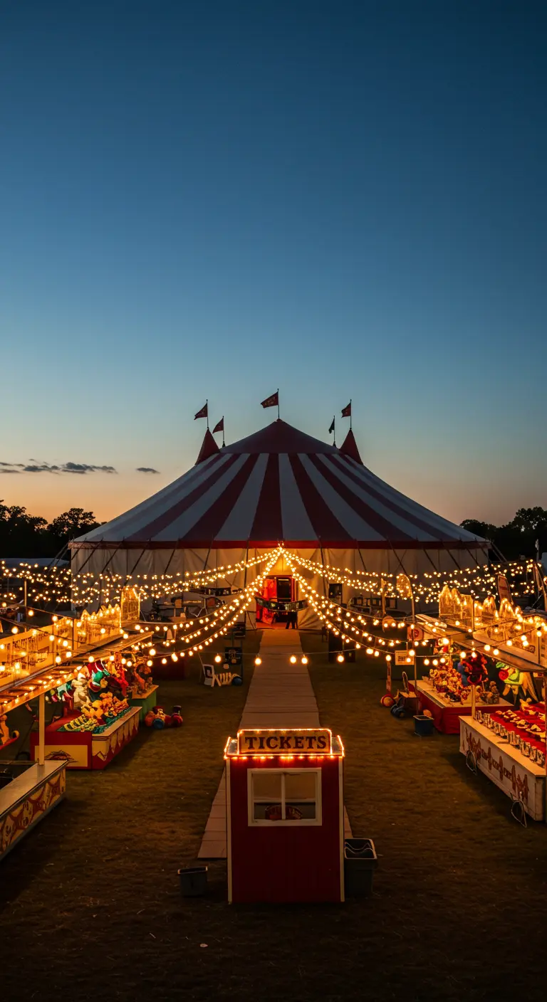 A large carnival at dusk with a big top tent and rows of game booths lit by string lights.