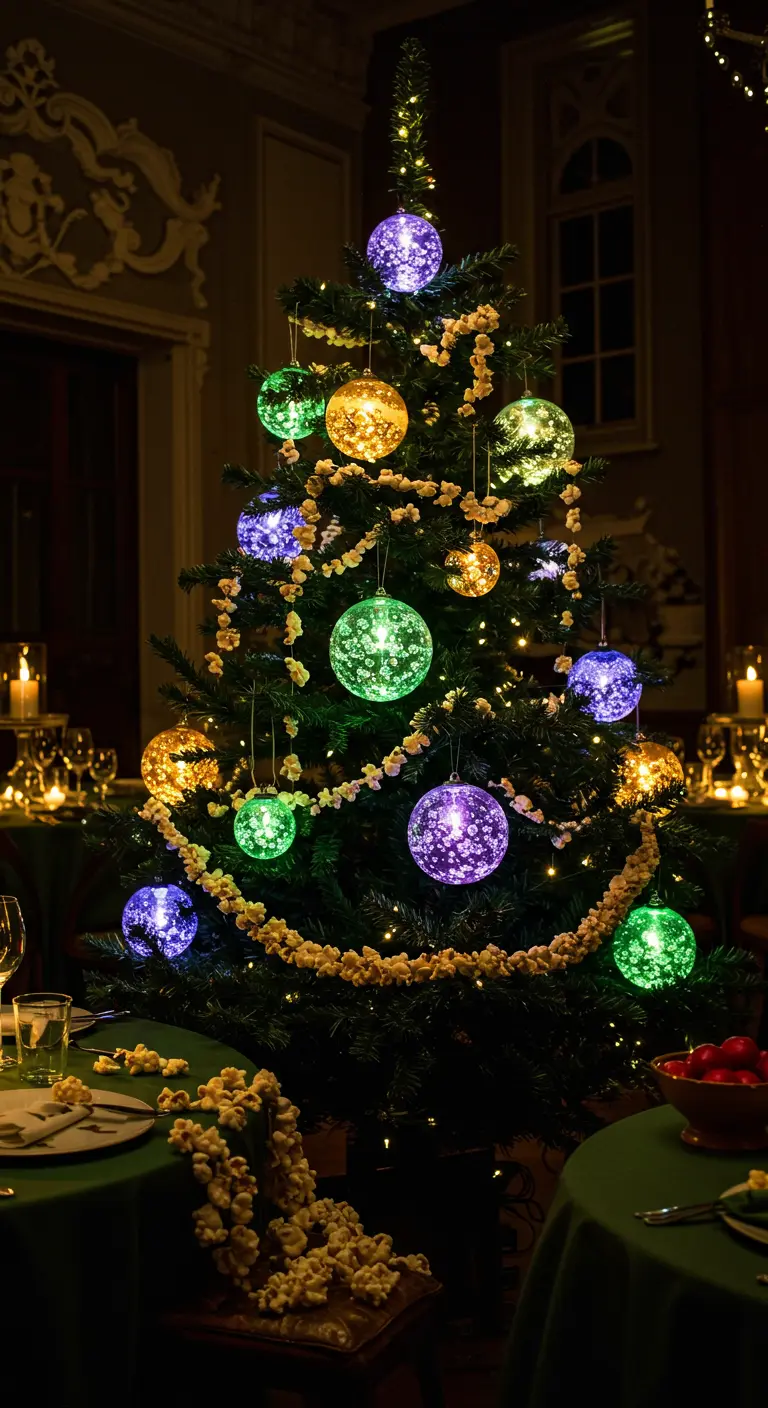 A Christmas tree decorated with large, colorful, internally lit glass ball ornaments.