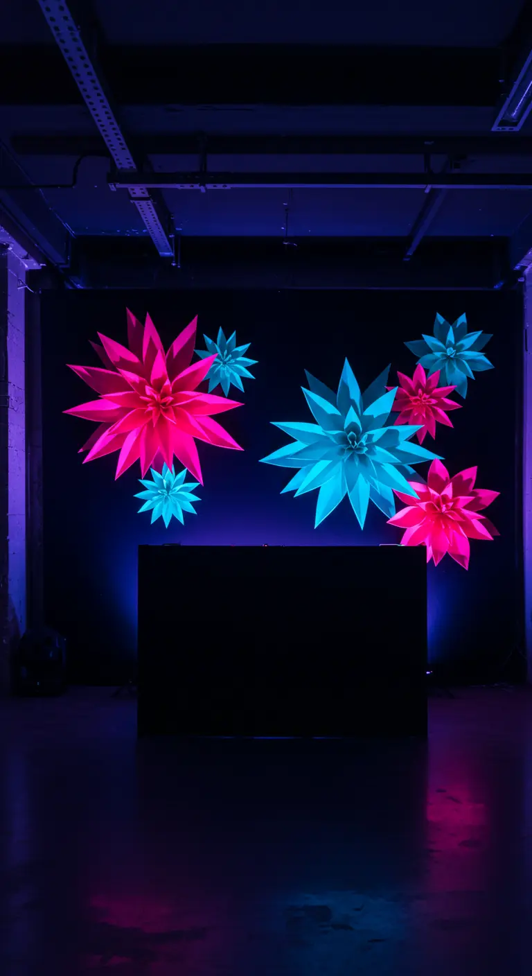 Neon pink and blue paper flowers glowing under a blacklight, mounted on a dark wall.