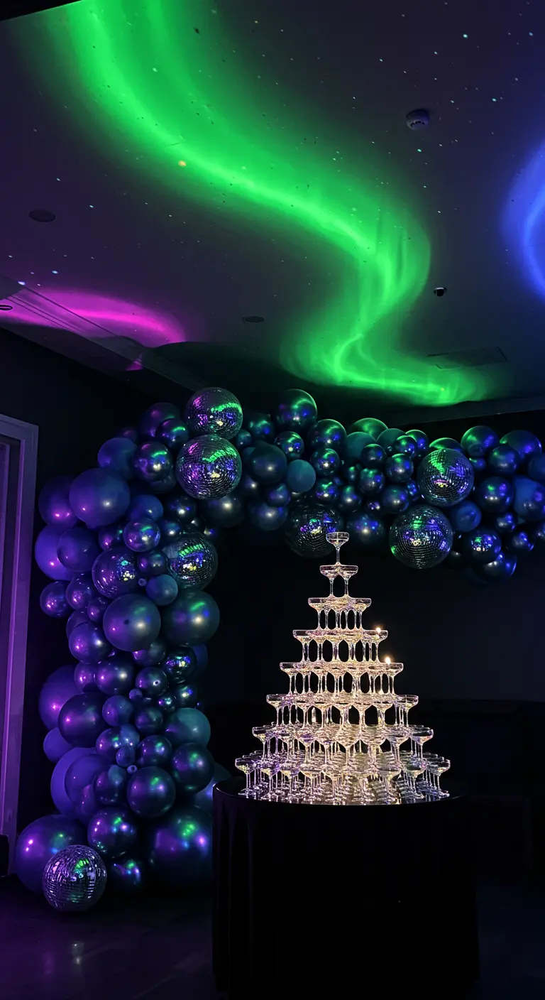 A party room with an aurora projector lighting the ceiling, and a purple and blue balloon arch.