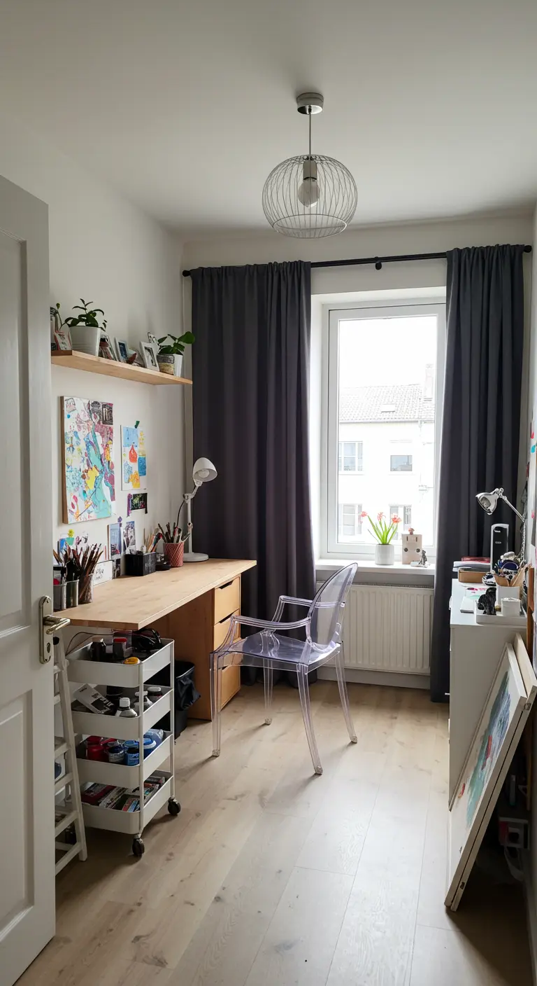 A home office with a wooden desk and drawers paired with a single transparent acrylic chair.