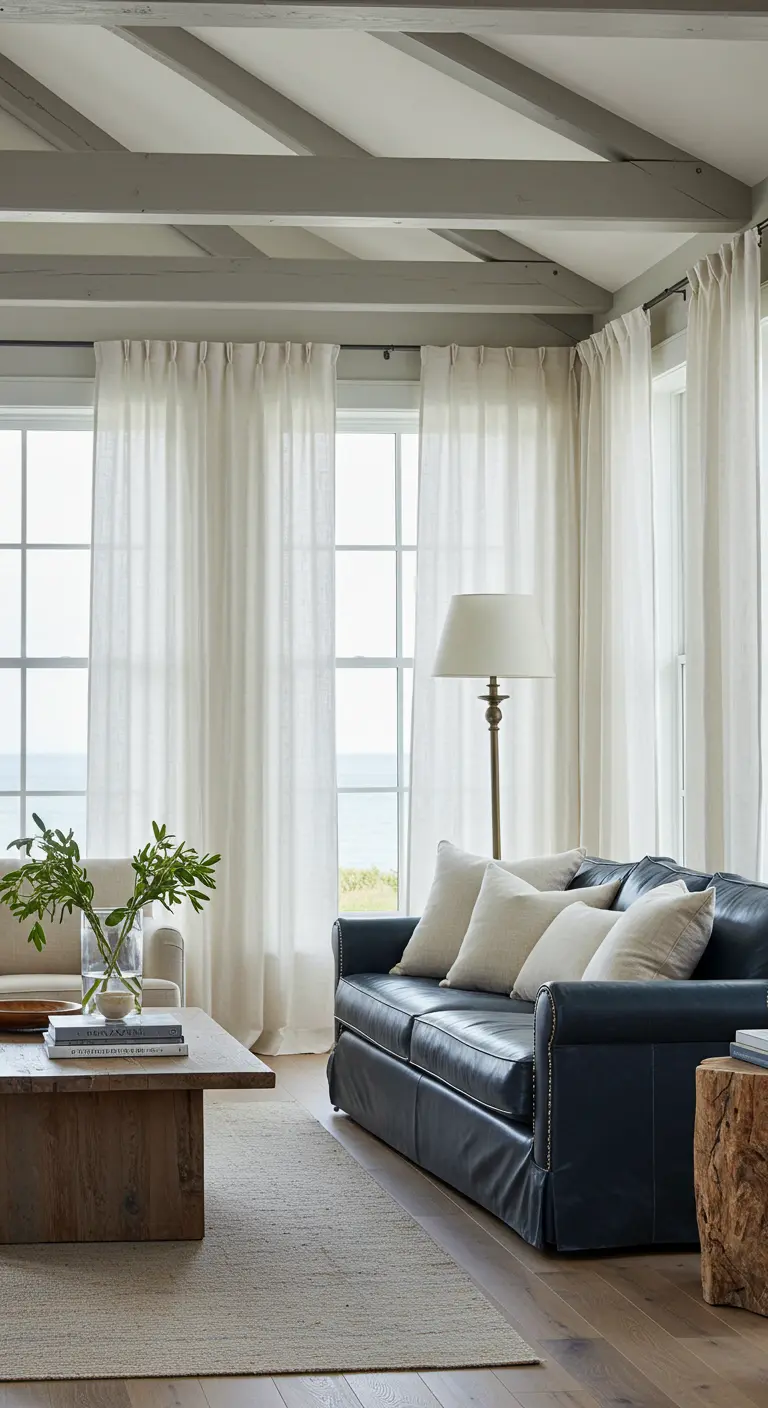 Coastal living room with painted gray beams, a navy leather sofa, and sheer white curtains.