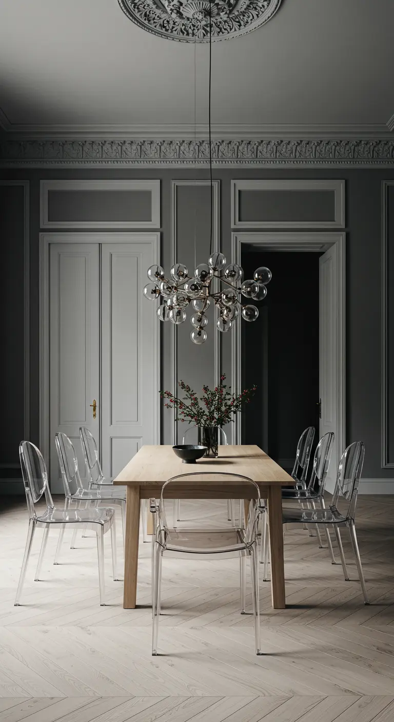 Moody gray dining room with a modern wood table and transparent acrylic ghost chairs.