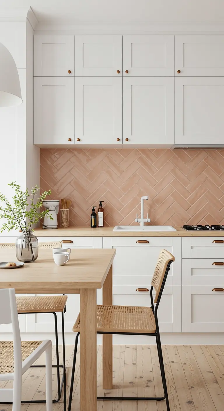 Scandinavian kitchen with white cabinets and a pale terra cotta herringbone backsplash.