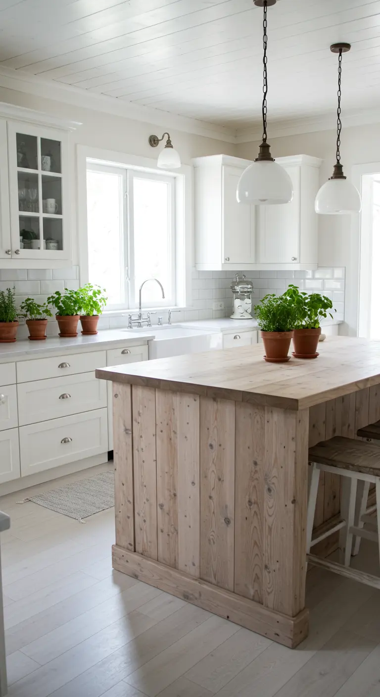 All-white farmhouse kitchen with a whitewashed reclaimed wood island and potted herbs.