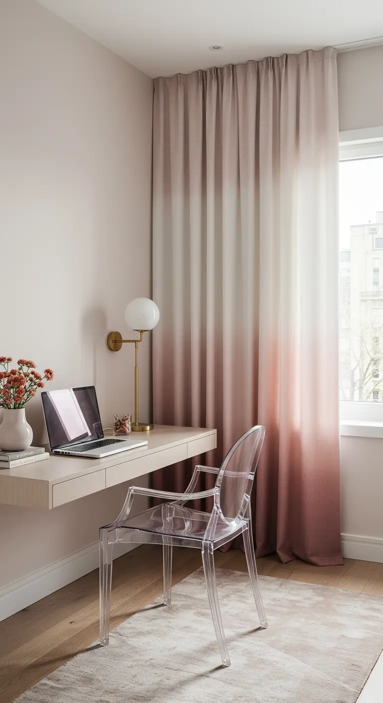 Home office with ombre pink curtains and a transparent acrylic chair.