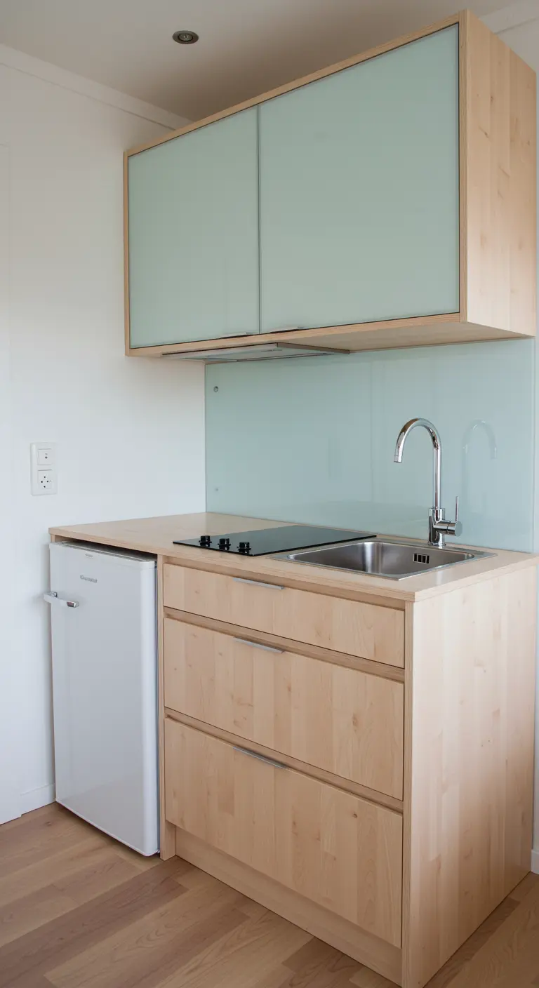 A small kitchenette with light wood cabinets, frosted glass upper doors, and a mini-fridge.