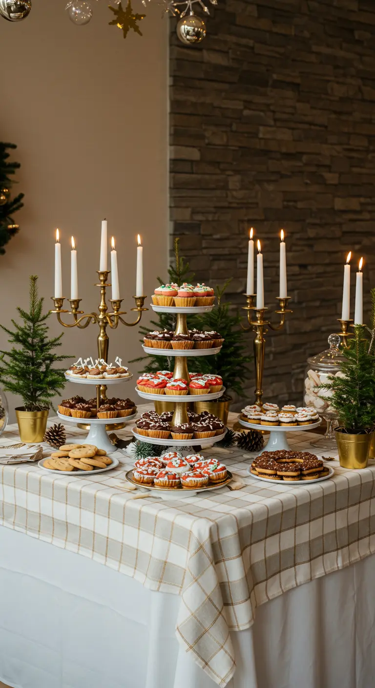 A bright dessert table with a light plaid cloth, tiered stands, and gold candelabras.