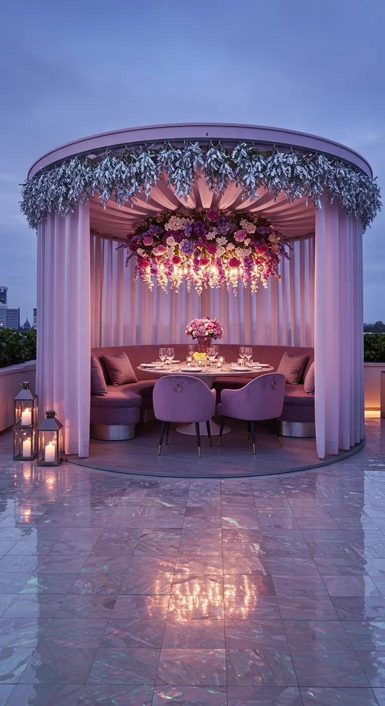 A circular lilac rooftop lounge with velvet seating and a dramatic purple and pink floral chandelier.