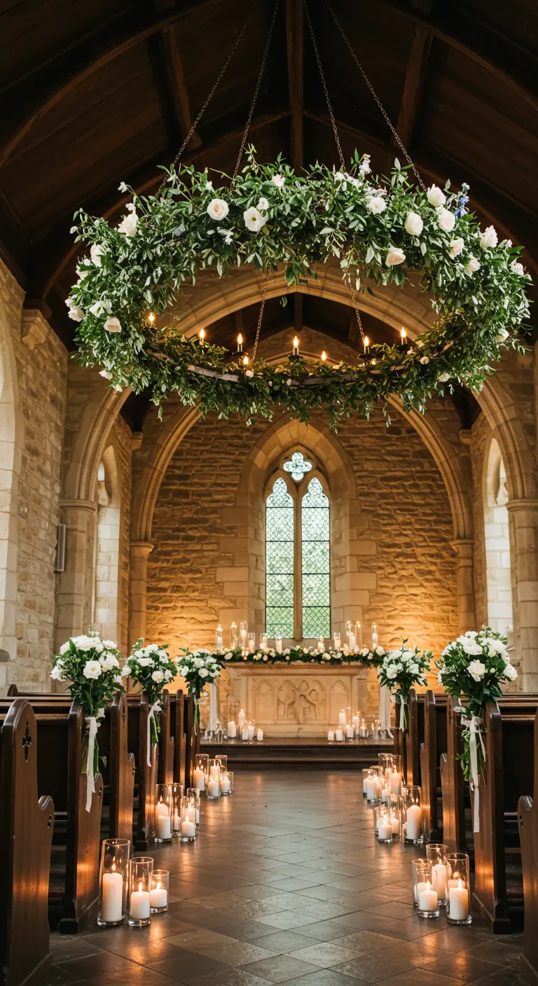 A church aisle lined with candles leads to an altar decorated with a large greenery chandelier.