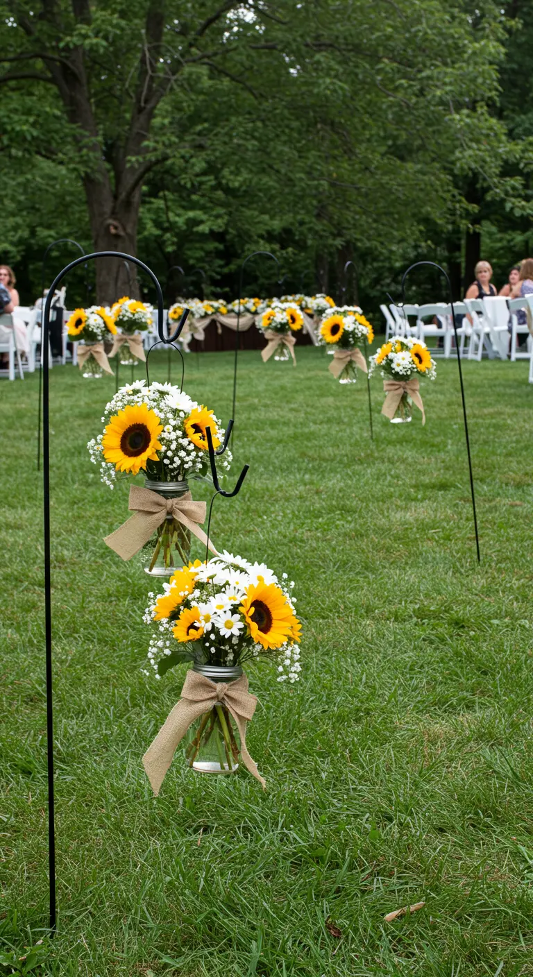 A party aisle lined with shepherd's hooks holding hanging mason jars of sunflowers.