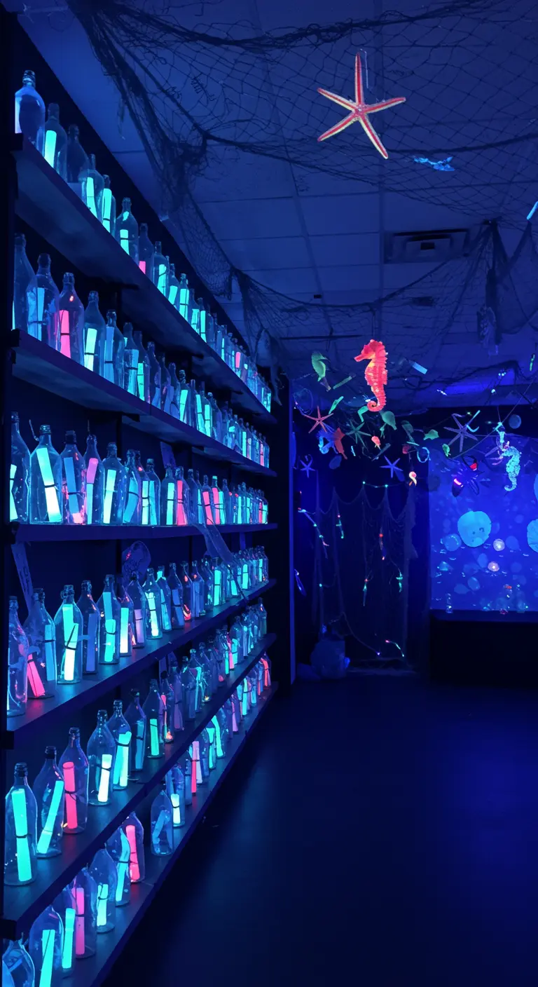Shelves lined with hundreds of glass bottles, each illuminated by a colorful glow stick inside.