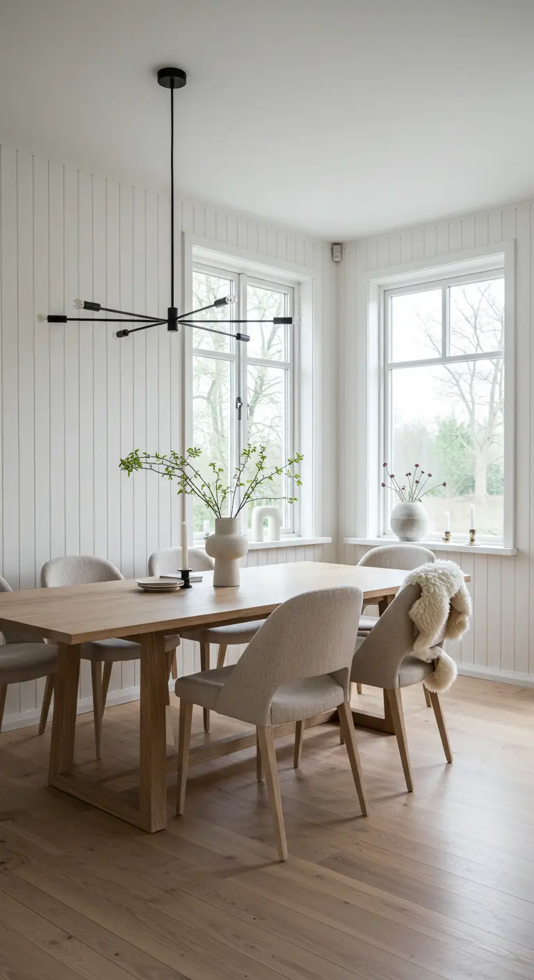 Long light oak dining table with neutral upholstered chairs and a modern black linear chandelier overhead.