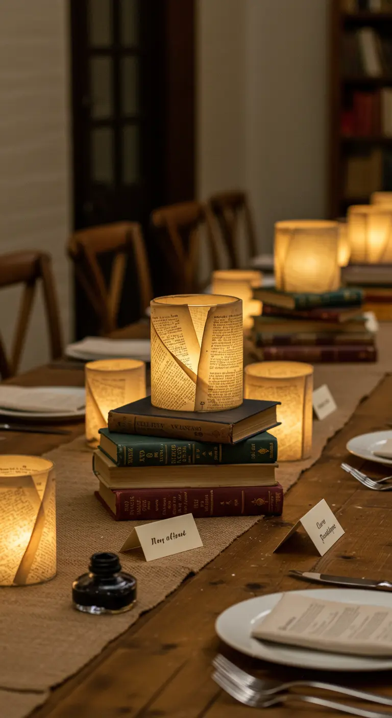 Candle holders made by wrapping book pages around glass votives, stacked on vintage books.