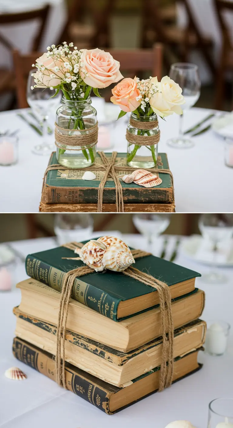 A stack of vintage books tied with twine, topped with seashells and small rose bouquets.
