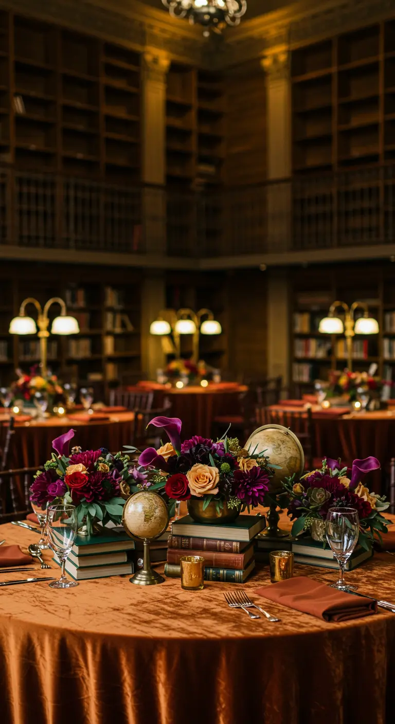 Library setting with orange velvet tables, floral centerpieces, globes, and stacks of vintage books.