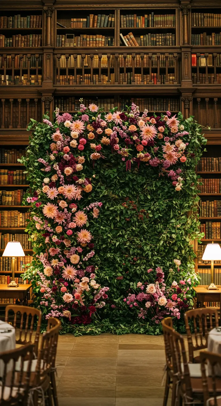 Lush floral arch with pink dahlias in front of a library wall.
