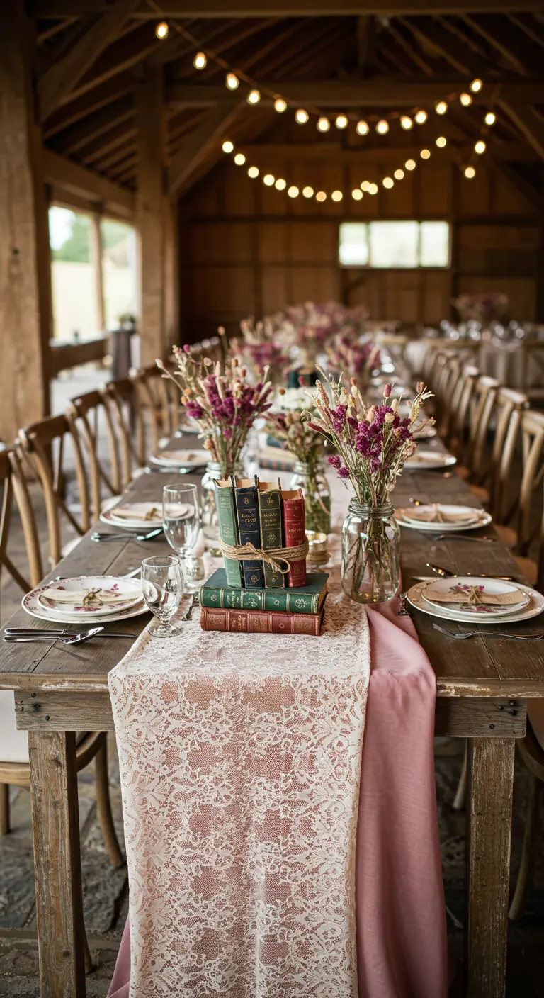 Rustic barn table with a lace runner, stacked vintage books, and wildflowers.