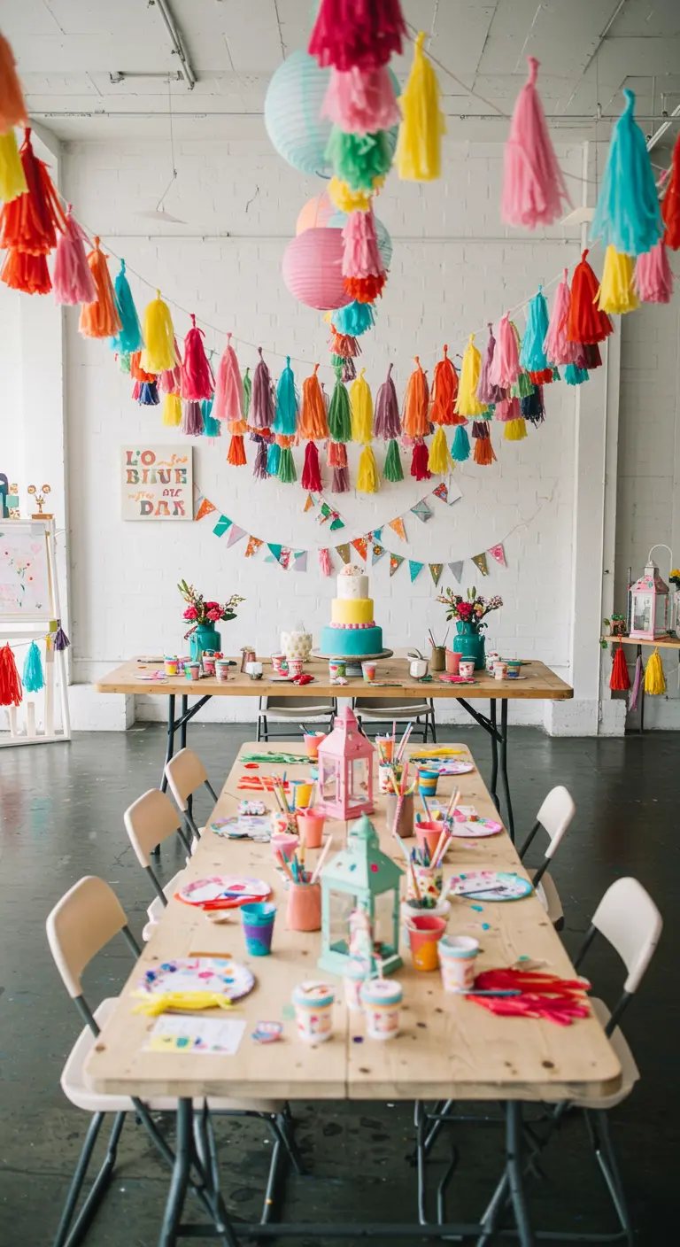 A colorful kids' art party with tassel garlands and lanterns on the tables.