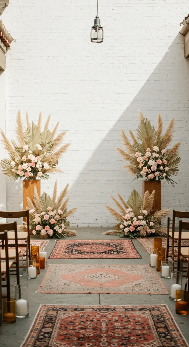Boho wedding aisle with pampas grass arrangements on wood stands and layered rugs.