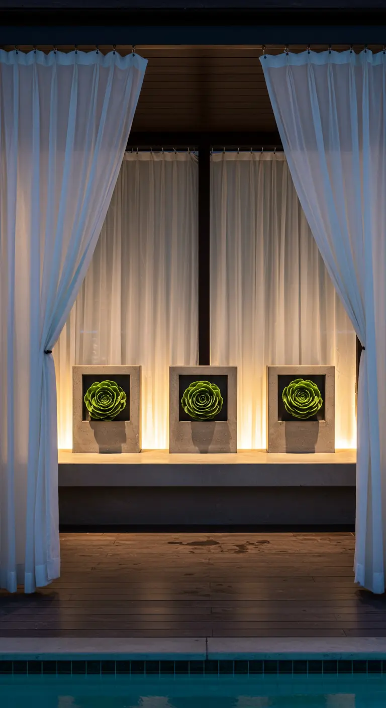 Three concrete cube planters, each holding a single green succulent rosette, backlit by a warm glow.