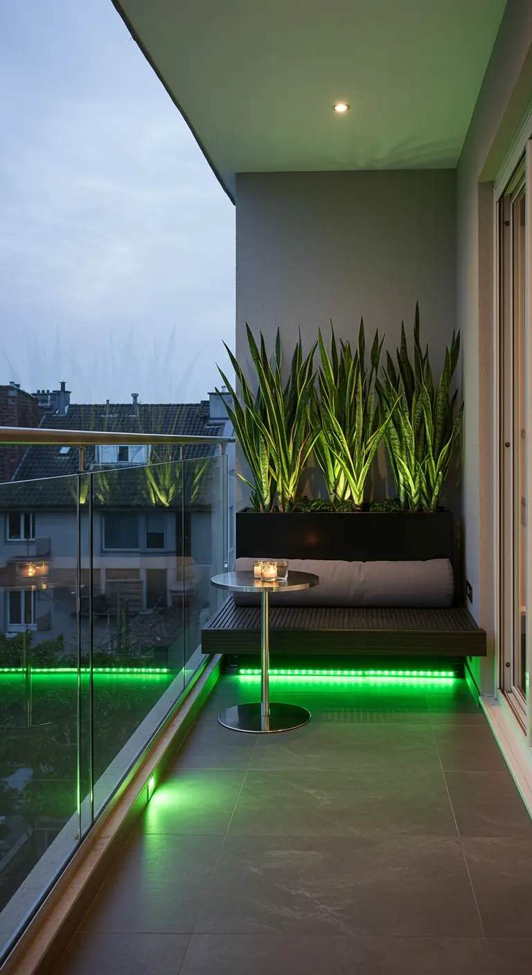 Balcony bench backed by snake plants in a planter, lit with green LEDs.
