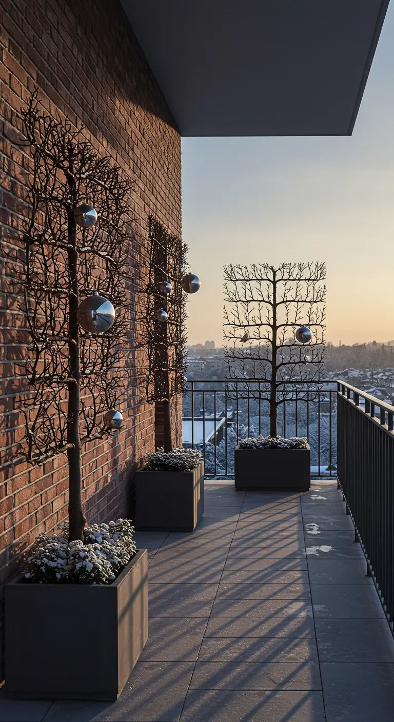 Espaliered bare trees on a brick wall, decorated with a few large silver ornaments.
