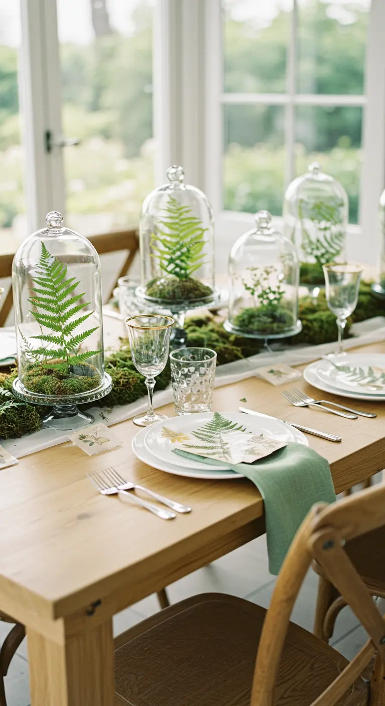 A botanical table with glass cloche terrariums filled with ferns and moss.