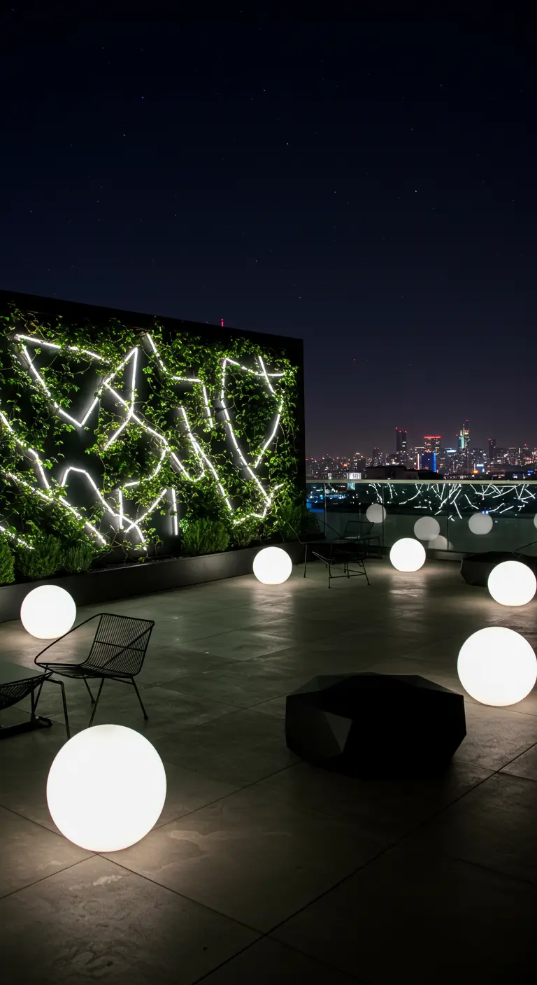 A modern rooftop terrace with a plant wall illuminated by geometric white LED strips and glowing orbs.